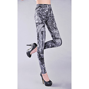 复古风格印花高腰弹力仿牛仔打底裤女装wd1063