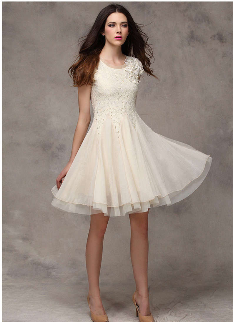 春装新款女装雪纺裙子短袖修身打底蕾丝连衣裙