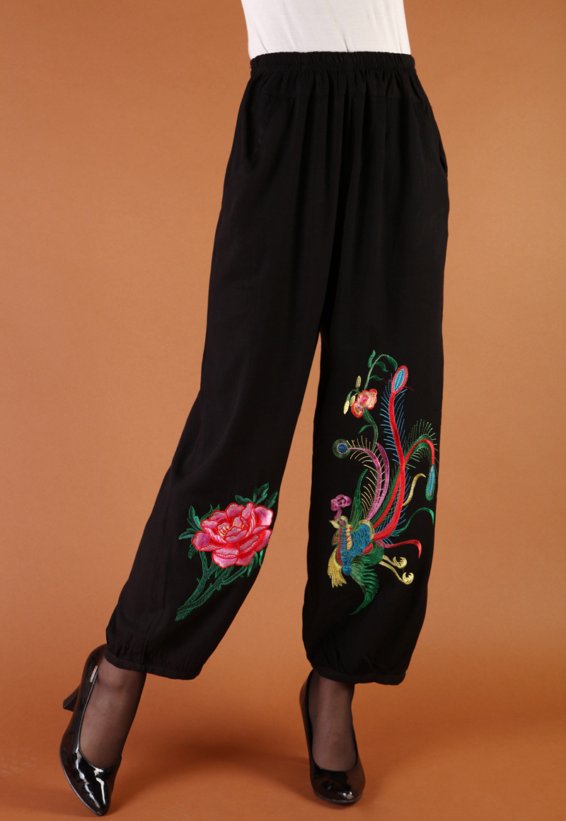 春夏唐装女裤子 中式民族绣花灯笼裤 中老年大码宽松休闲棉长裤