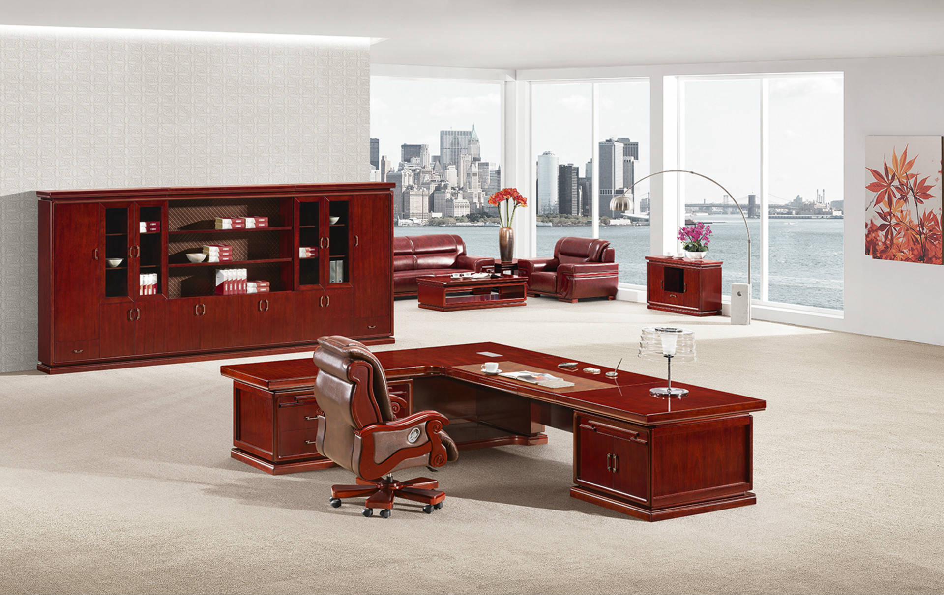 实木油漆红胡桃木/总裁大班台/l老总办公桌 潍坊办公家具厂供应