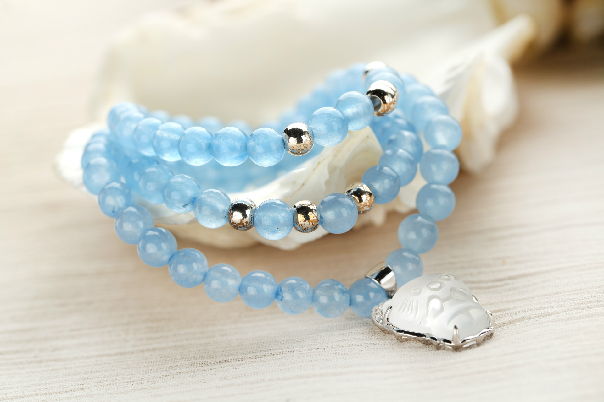 如霞 天然蓝玉髓手链 搭配925纯银多圈多层手链 女手饰 东海水晶