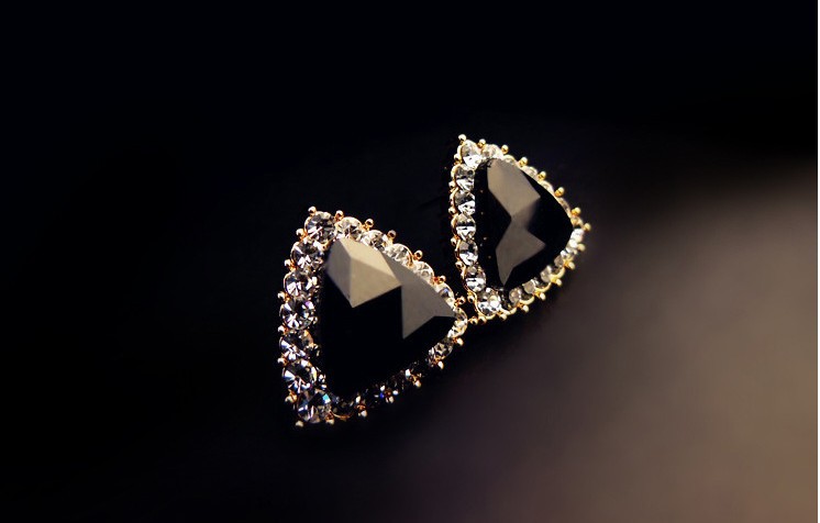 韩国韩版高档饰品 简约黑色水晶三角形满钻小耳钉耳环批发