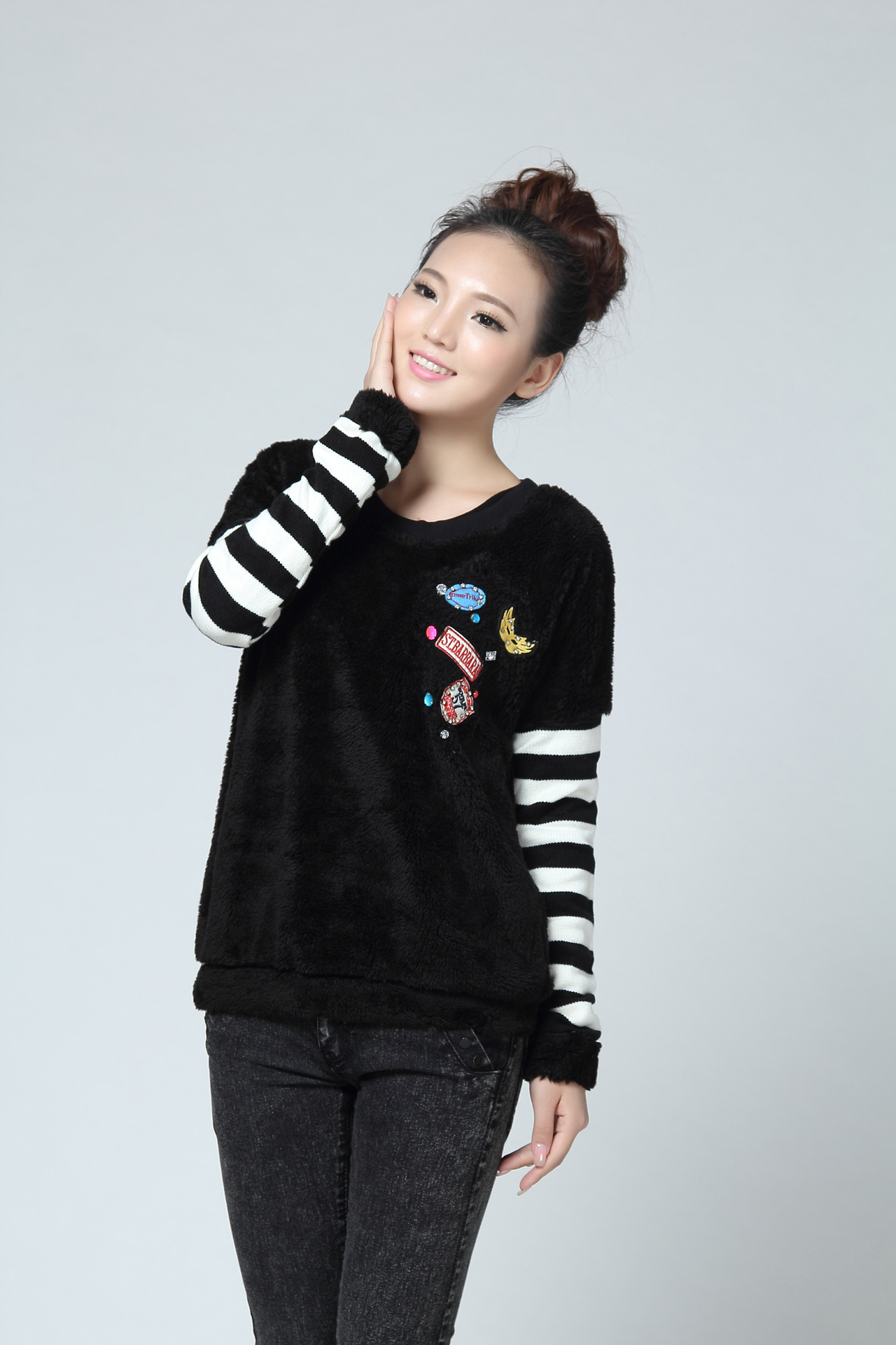 古树叶2015春季宽松长袖海马毛毛衣 女装大码毛衣韩版条纹拼接