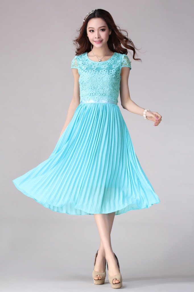 2014夏季连衣裙高贵蕾丝压折雪纺连衣长裙韩版女装连衣裙一件代发