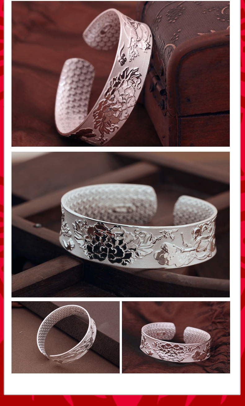 民族风千足银手镯牡丹花飞天仙子999纯银手镯宽时尚银镯子送女友
