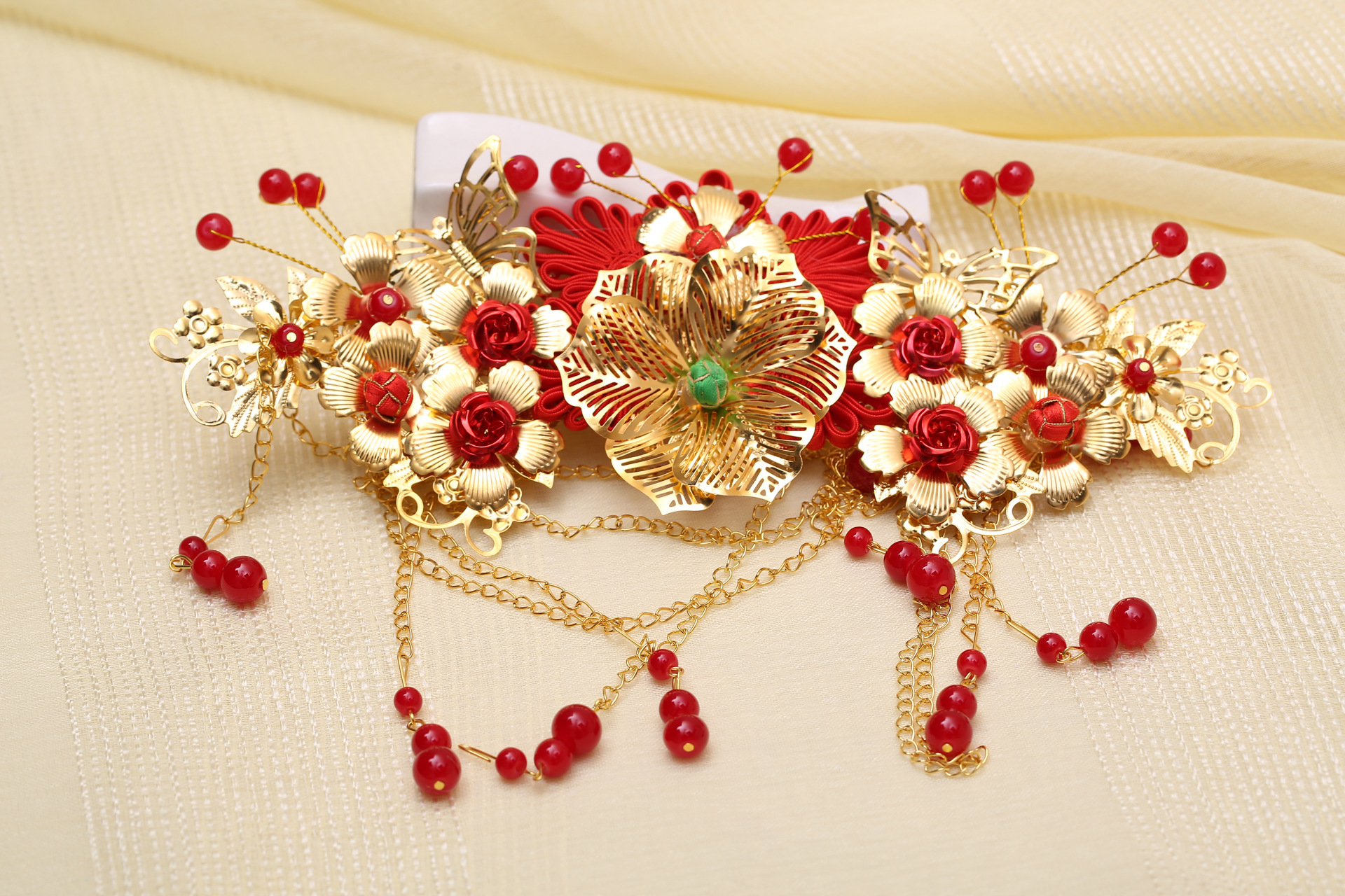 韩国风新娘头饰花型 吊链珍珠头饰 金色花朵新娘套装饰品批发