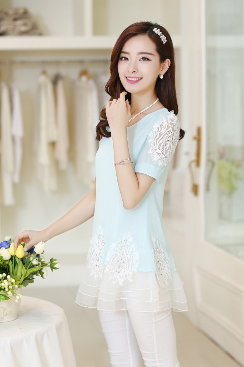 2014夏装新款韩版女装短袖 雪纺衫女上衣 夏蕾丝网纱拼接打底衫