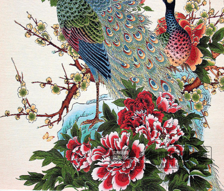 厂家供应花开富贵百鸟朝凤立体织锦画 苏绣软裱成品客厅装饰中.