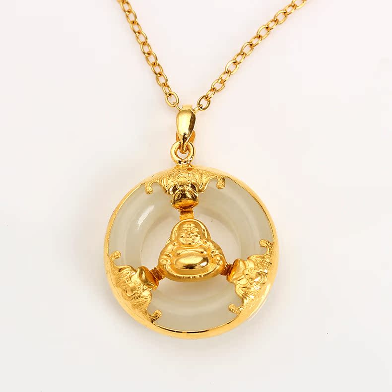 天光墟玉器 天然和田玉转运金佛吊坠 金镶玉佛挂件 玉坠 htj017