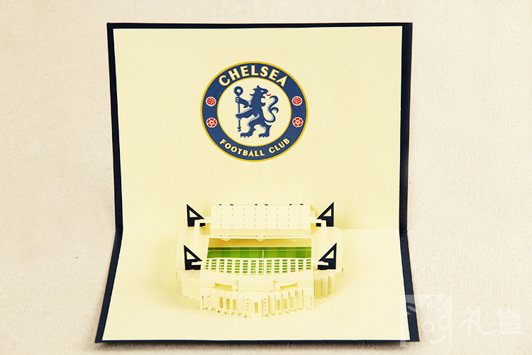 供应厂家定做 立体贺卡批发 立体足球场 切尔西 生日新年 祝福贺卡