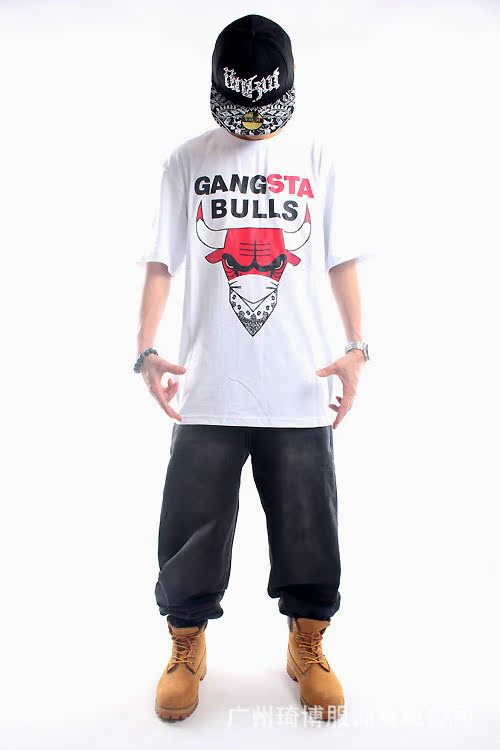 gangsta bulls西海岸匪幫公牛街舞bboy潮男短袖t恤衫胖胖子加大碼