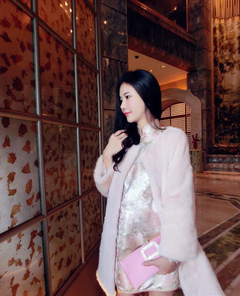 刘美人2015年春秋新款刘钰懿同款粉花长款复古真丝刺绣旗袍连衣裙