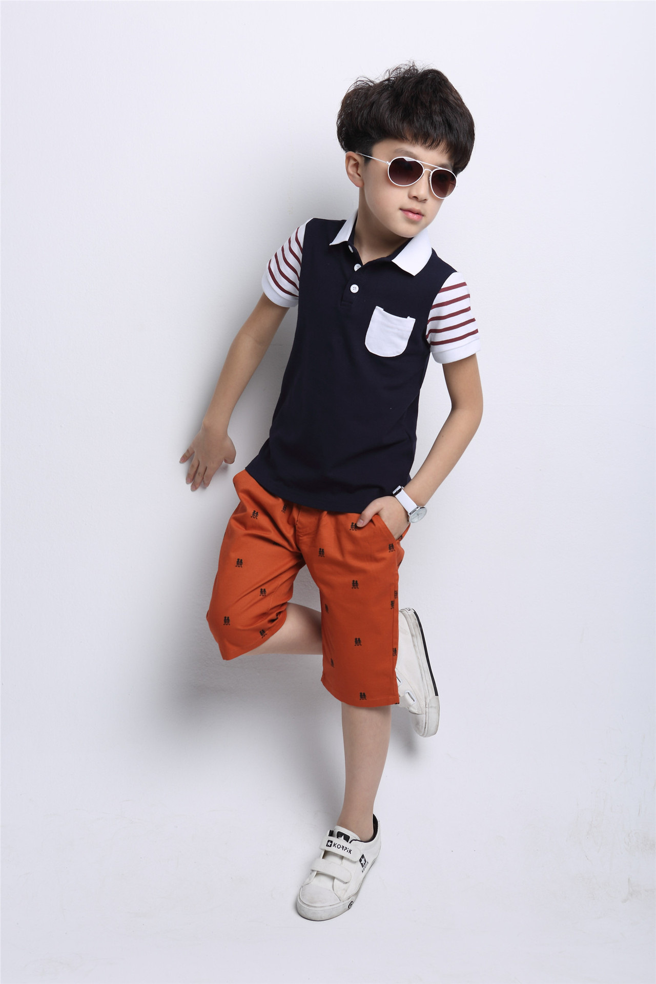 男童夏季套装 男童装翻领t恤 儿童运动上衣 休闲裤子 一件代发