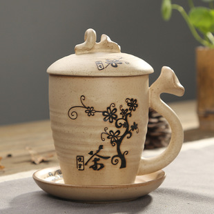 陶瓷粗陶茶杯四件杯带盖过滤杯泡茶杯老板杯飘逸杯会议个人办公杯
