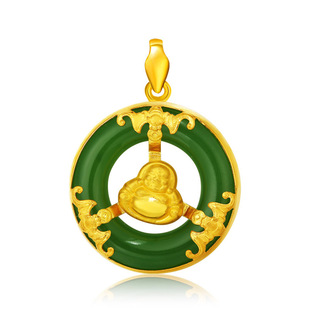 金镶玉佛 千足金镶和田玉转运佛吊坠 时来运转 和田