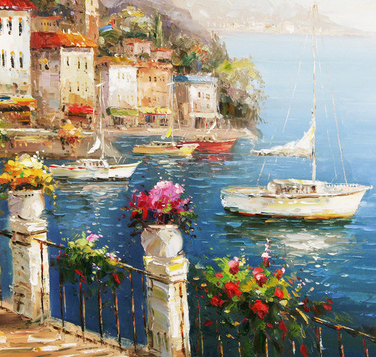 欧式油画装饰画地中海风景实木外框装裱横幅20款画心可选厂家直销