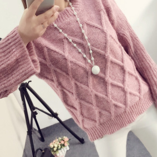 韩国东大门韩版短款宽松圆领套头菱形麻花喇叭袖加厚毛衣女808