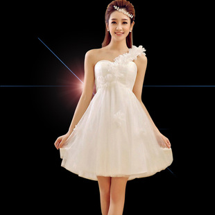供应单肩伴娘服 短款小礼服裙敬酒服宴会礼服女主持人礼服批发