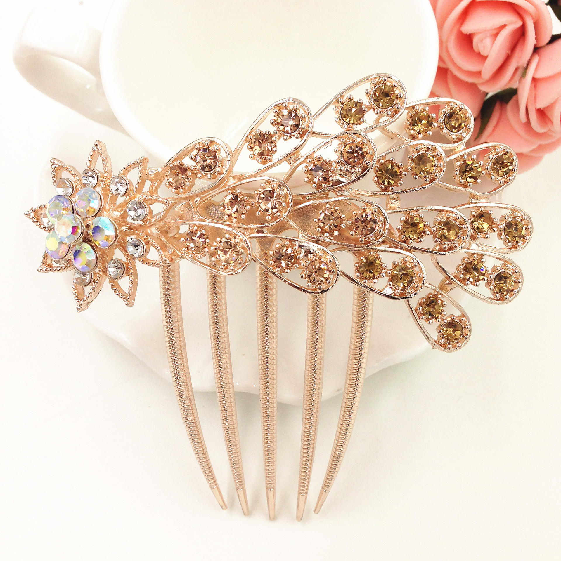 热卖产品 韩版饰品发饰 合金镶钻五齿插梳发梳 地摊热卖货源