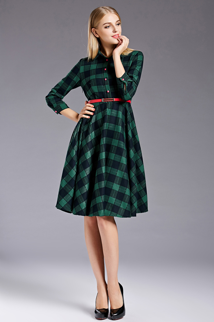 欧美大牌女装一件代发格子连衣裙品牌秋装新款女长裙新款15080720