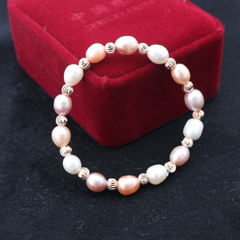 天然淡水珍珠手链女式 米型三晶彩珍珠手链手串微瑕疵简约首饰