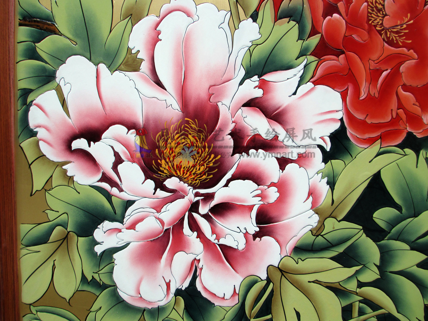广东深圳酒店别墅实木漆画手绘客厅富贵牡丹玄关隔断屏风商务家居送礼