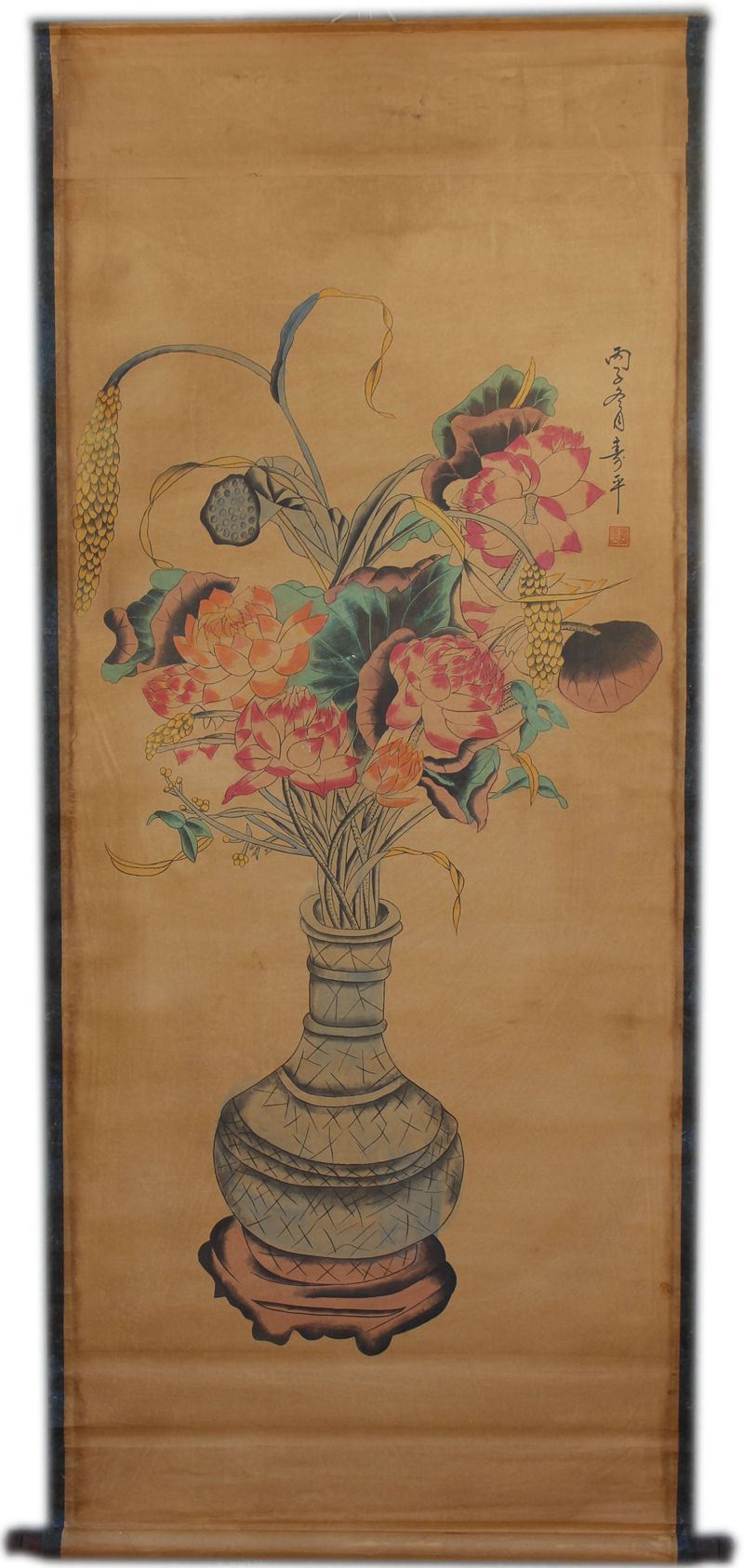 厂家直销仿古做旧古玩字画 花鸟国画 荷花鸳鸯戏水已装裱批发