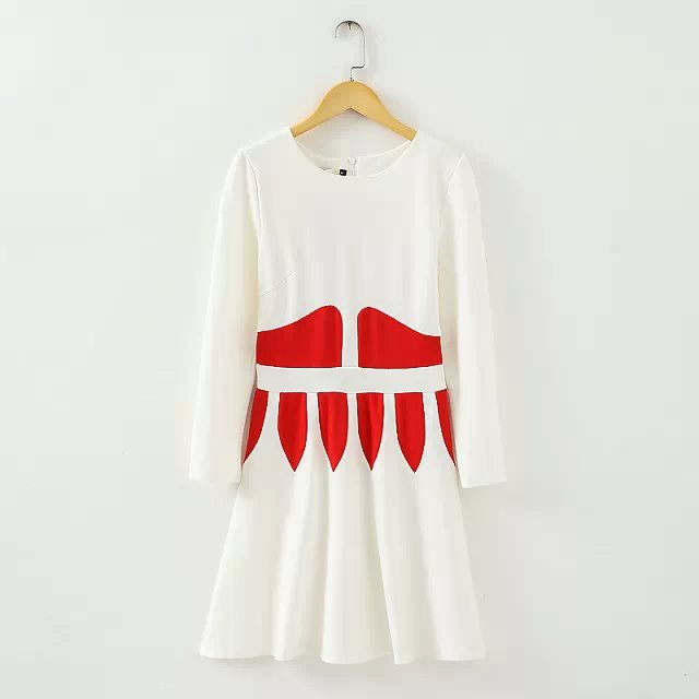 2015春款新款 杨幂同款长袖修身红白相间拼色修身连衣裙6896