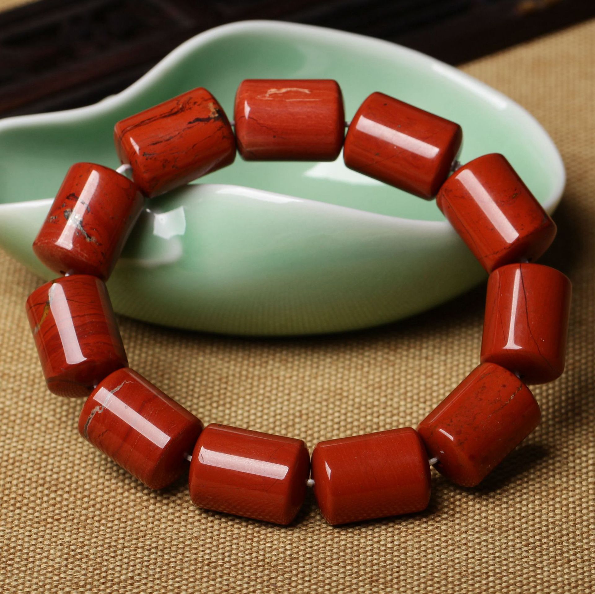 开光天然奈良红竹石手链 大气男女款桶珠手镯 2015转运守护石批发