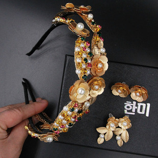 韩国韩版金色复古树叶珍珠水钻花朵发箍发卡饰品头饰女 耳环