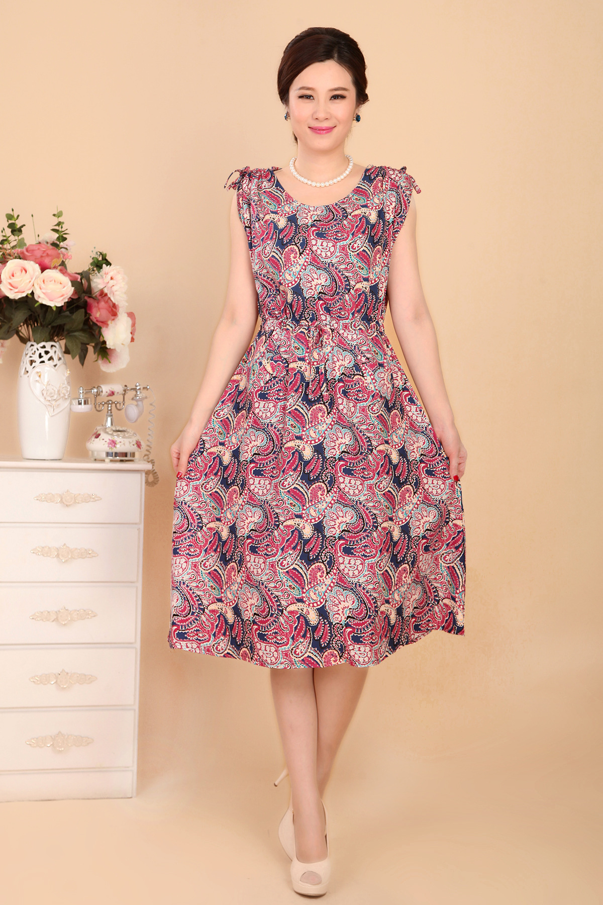 2015夏季新款中年棉绸裙女大妈短袖中老年绵绸连衣裙妈妈装批发