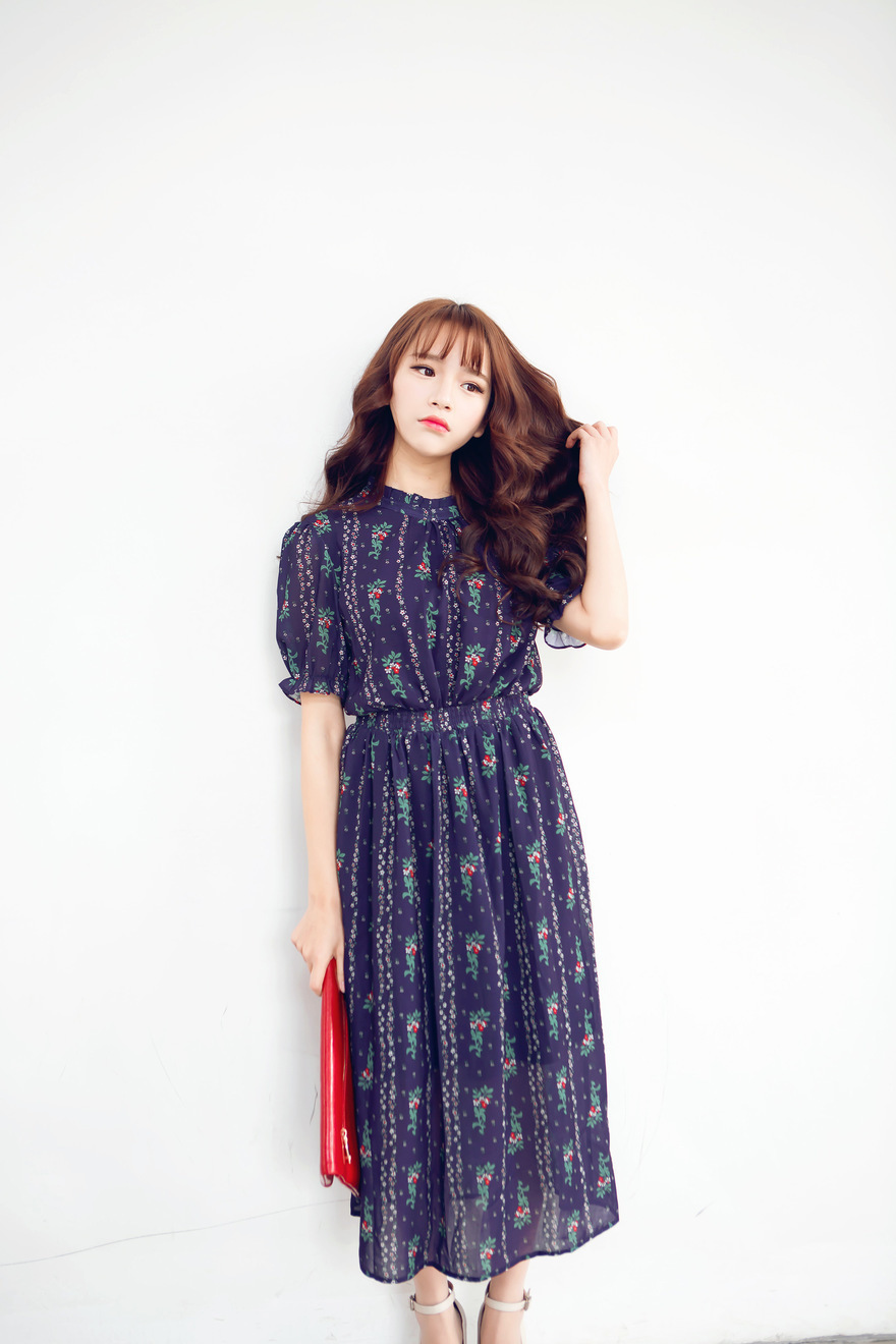 a936 2015韩版新款夏装木耳边立领短袖印花长裙连衣裙