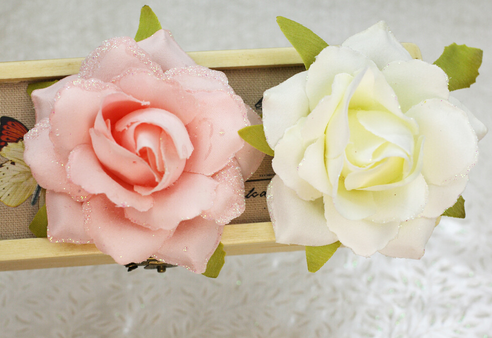 亮粉仿真卷边玫瑰8cm花头 绢布人造花 diy 婚庆花朵 直销小额批发