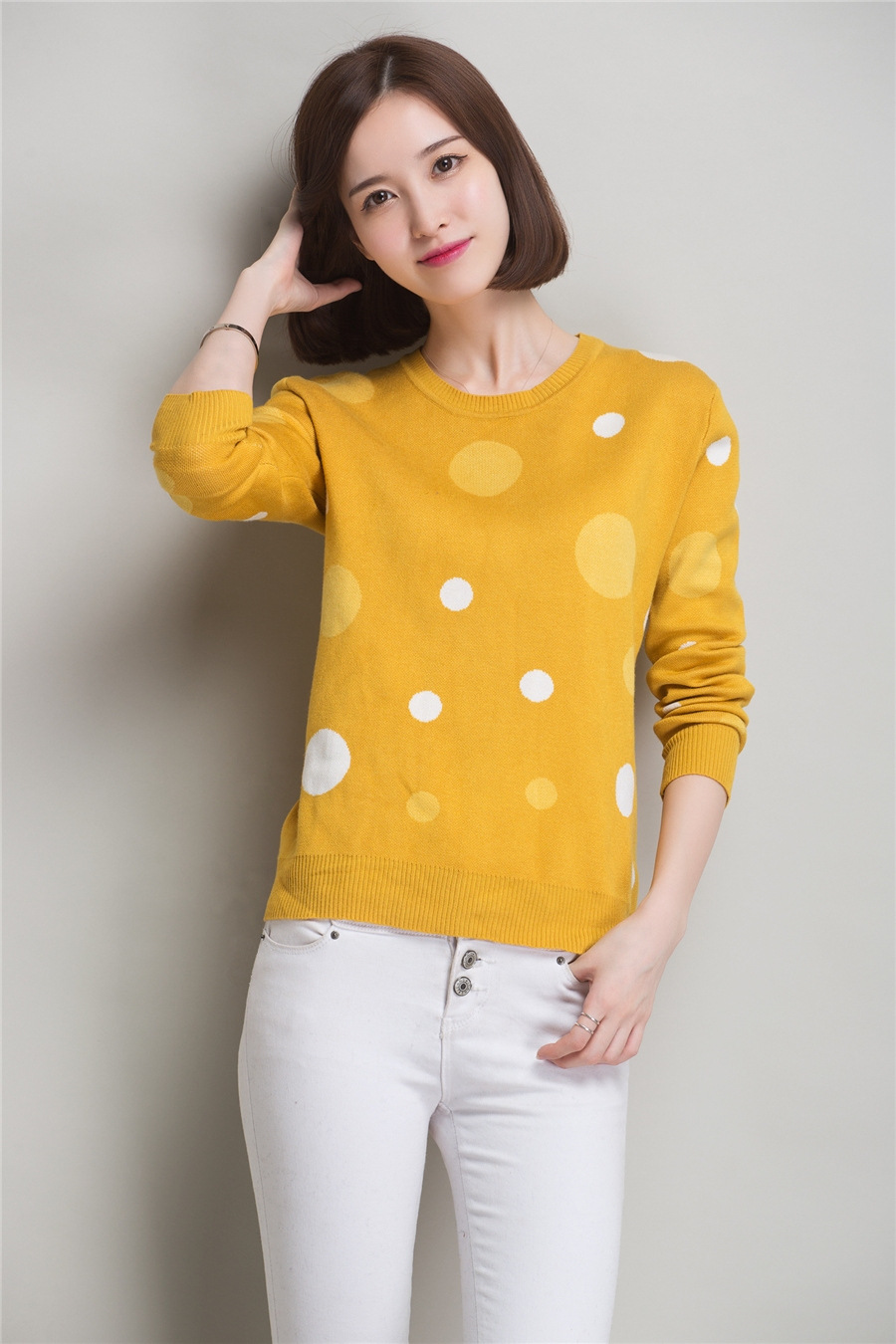 实拍 秋款圆领针织衫波点 长袖 打底衫圆点宽松套头 毛衣