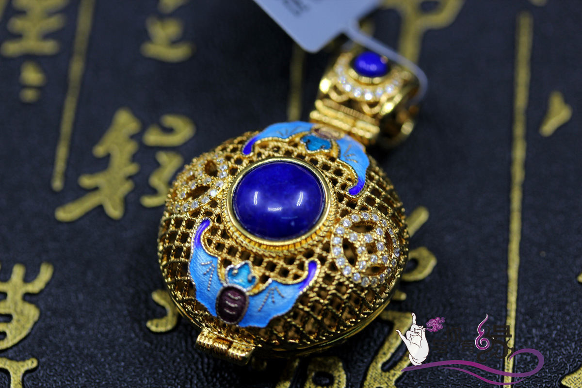 新品 景泰蓝珐琅掐丝镶青金石925纯银鎏24k金烧蓝 嘎乌盒吊坠 q-4