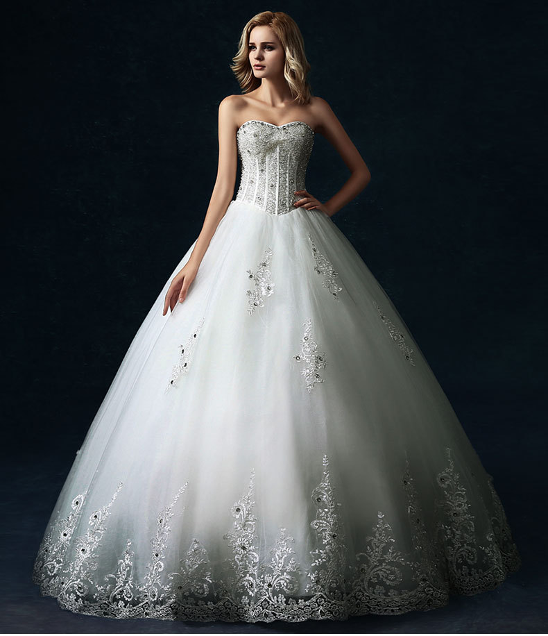 高端定制欧式齐地抹胸新娘结婚蕾丝婚纱礼服新款2015秋