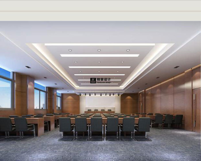 突出会议室简洁明亮的整体效果,材料上顶面运用石膏板造型吊顶配以