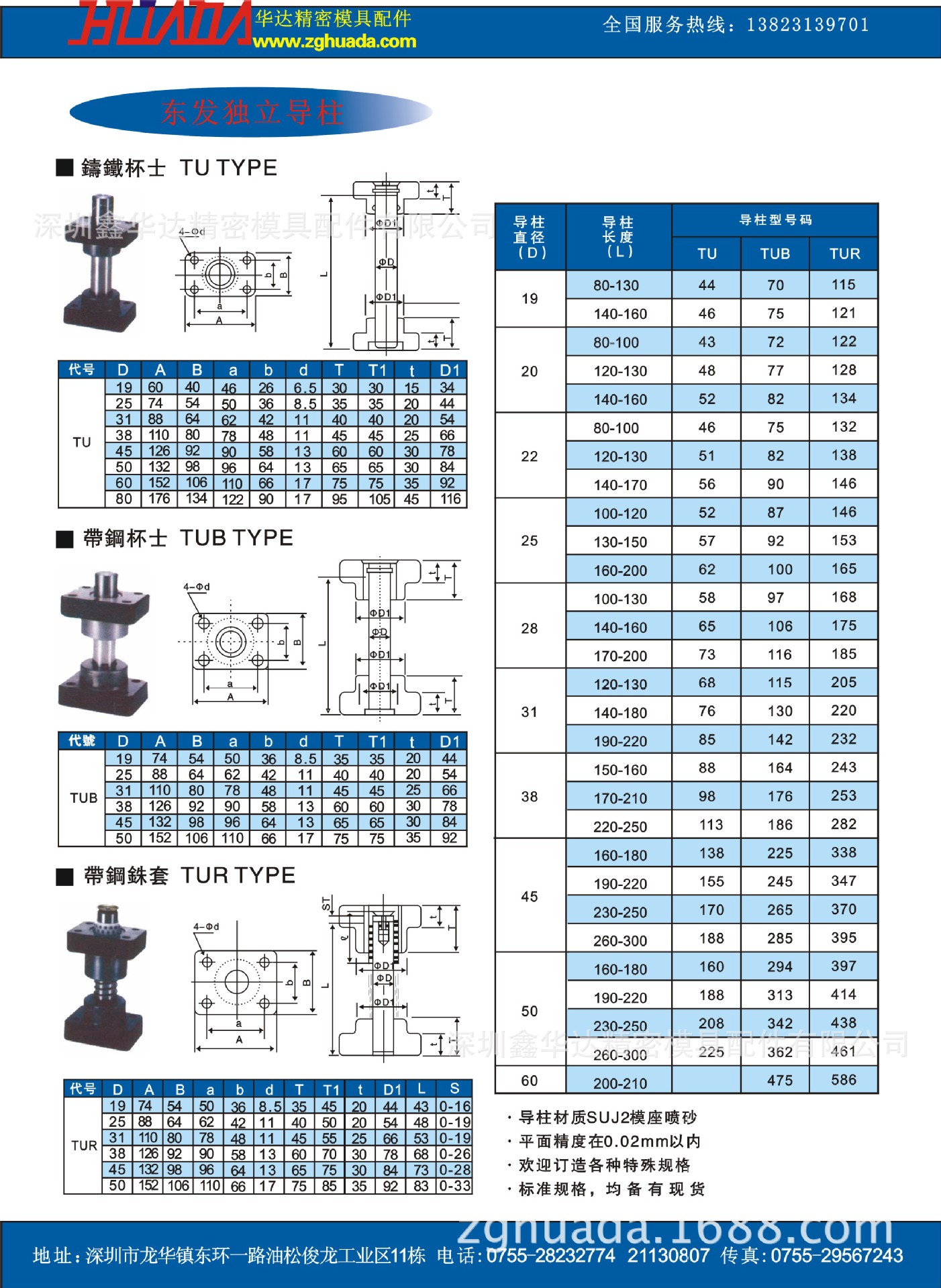 代理批发东发牌独立导柱,日本misumi独立导柱,按规格分为:tu杯士,tub