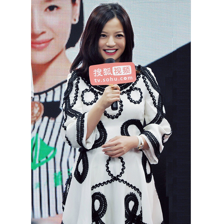 虎妈猫爸 赵薇明星同款 短袖圆领绣花走秀款修身连衣裙