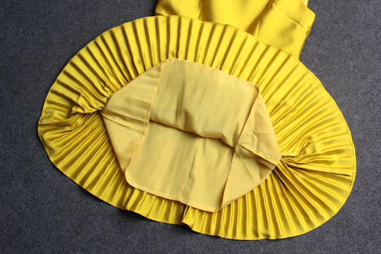 15春夏欧洲站走秀款 圆领纯色腰荷叶褶无袖连衣裙