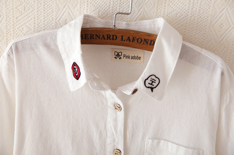 2015夏季新款 学院风纯色小清新刺绣衬衫 中袖翻领女式衬衫热卖