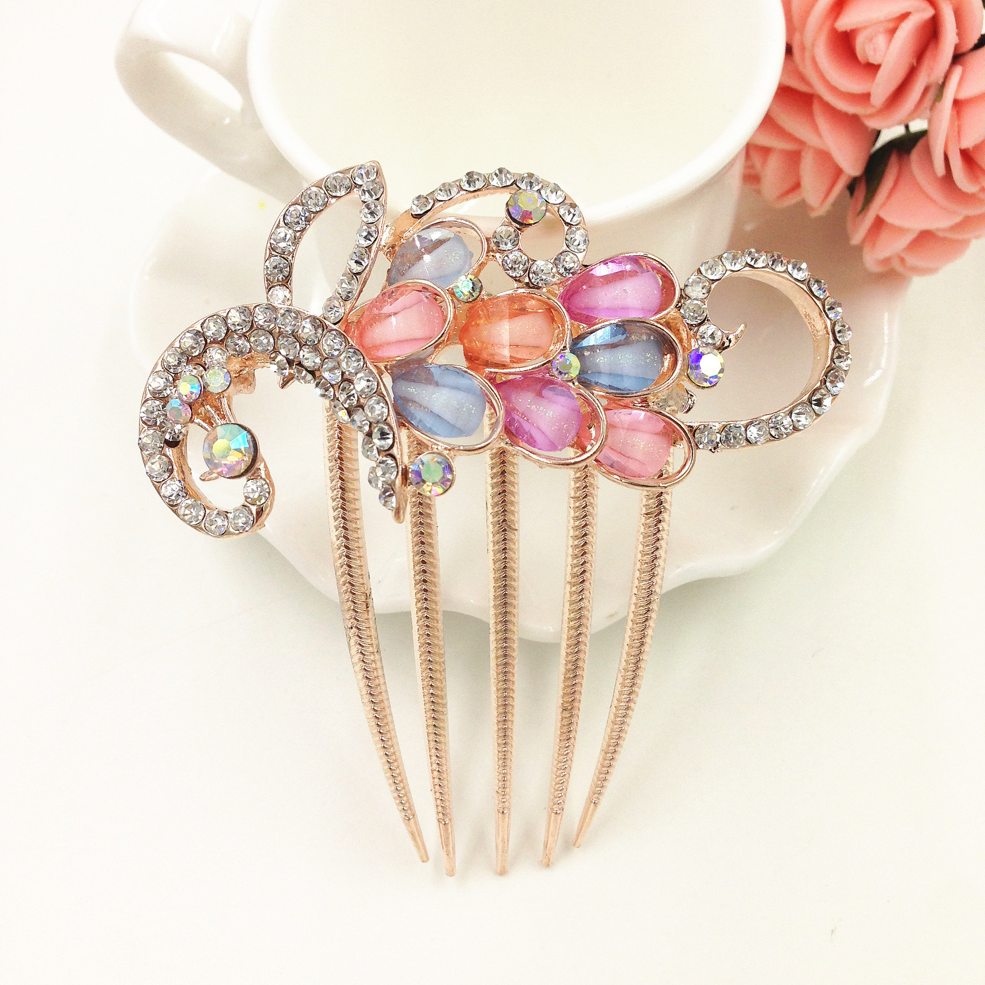 热卖产品 韩版饰品发饰 合金镶钻五齿插梳发梳 地摊热卖货源