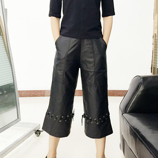 gem 港风新款秋装简约系绳拼接裤脚后拉链pu皮裤七分裤女裤 4469