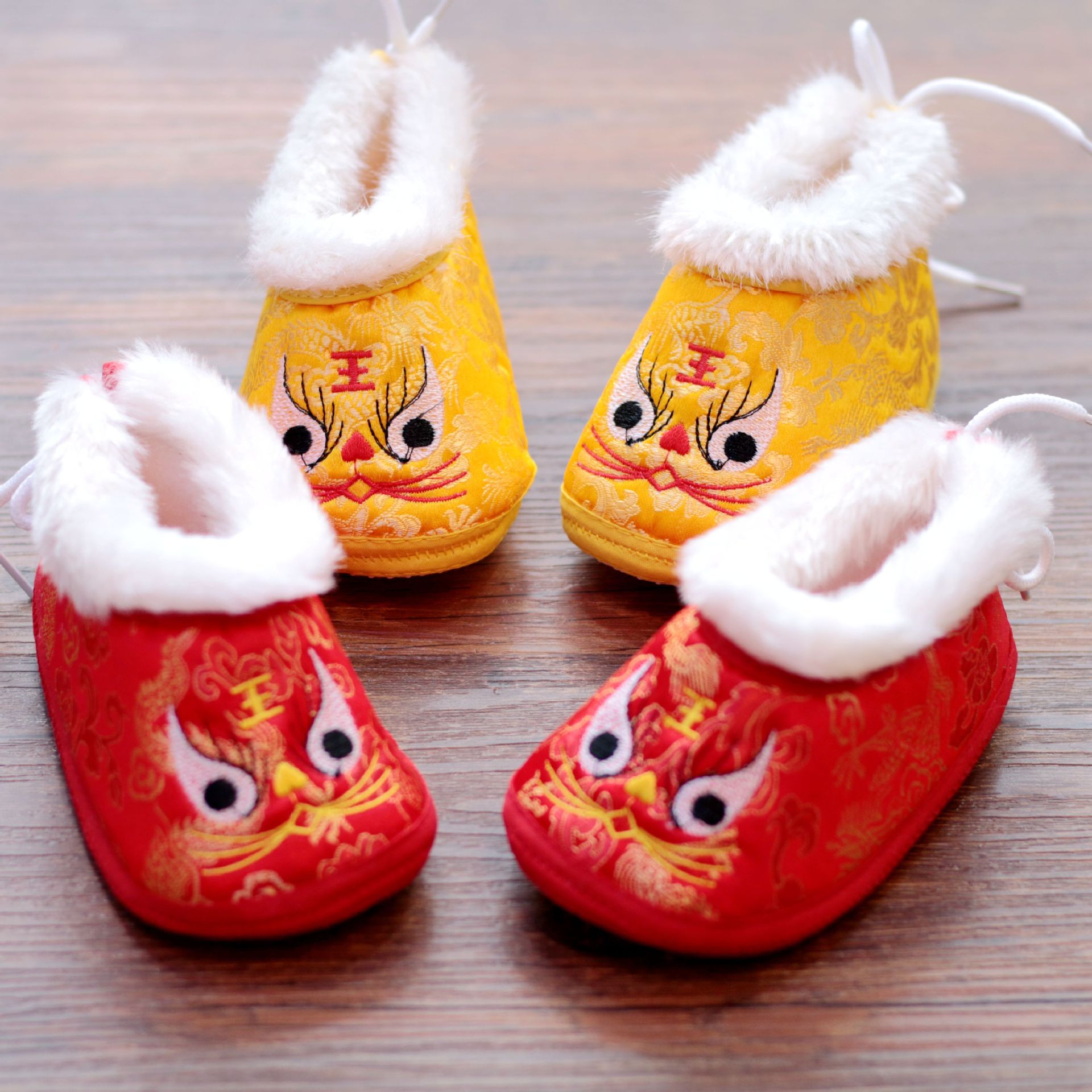 小宁宝 儿童宝宝鞋 缎子老虎毛口棉鞋 唐装老虎鞋棉鞋