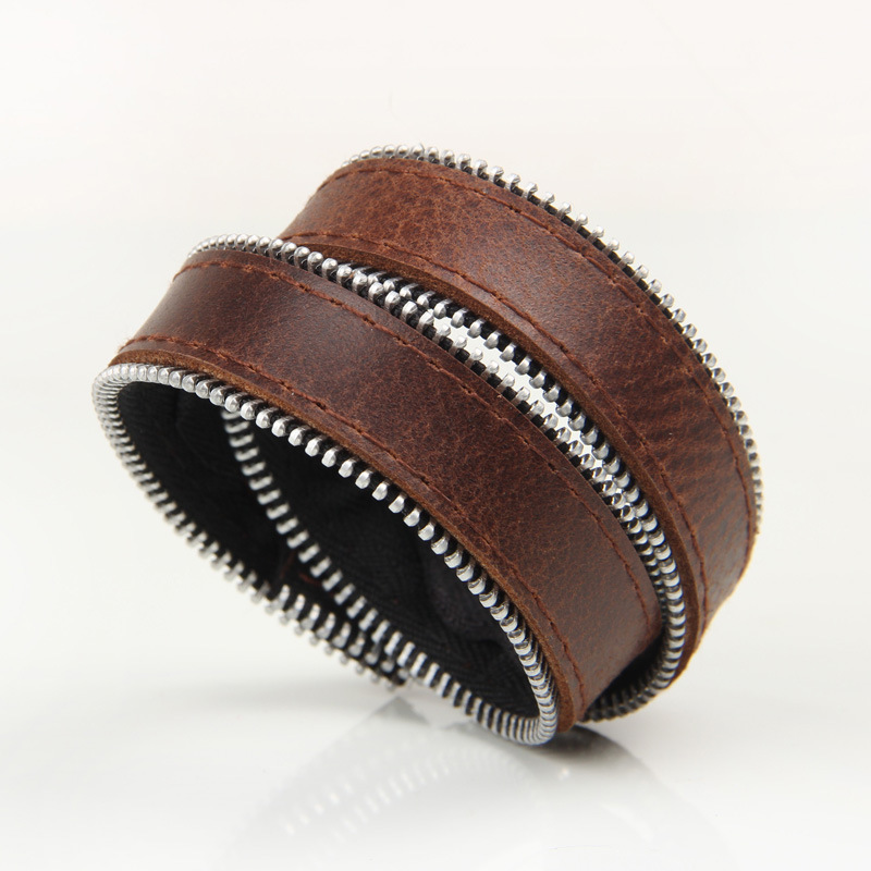 多丽觅芳 时尚两层拉链手链 棕色经典款牛皮手链 zipper bracelet
