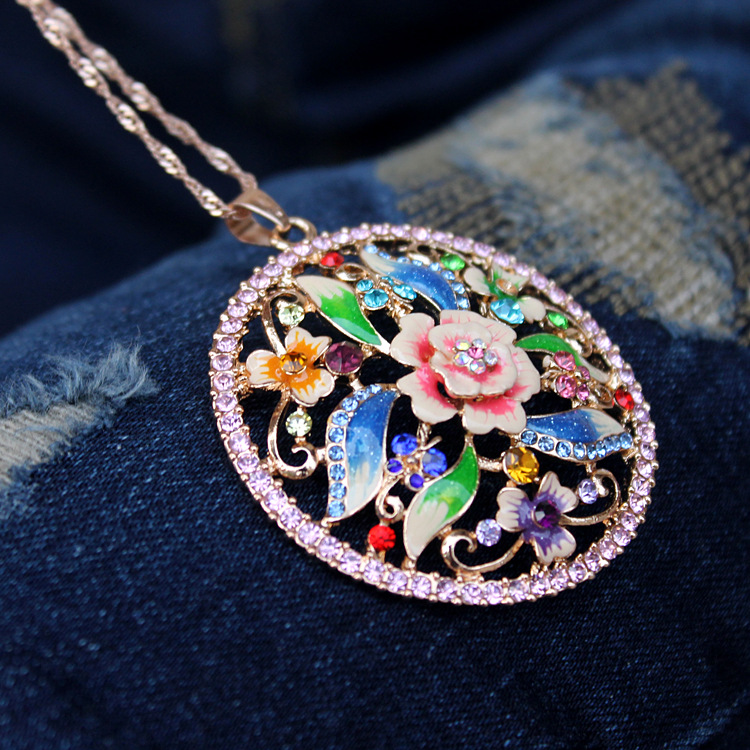 景泰蓝 圆形百搭画油玫瑰花 锁骨链 项链 2650