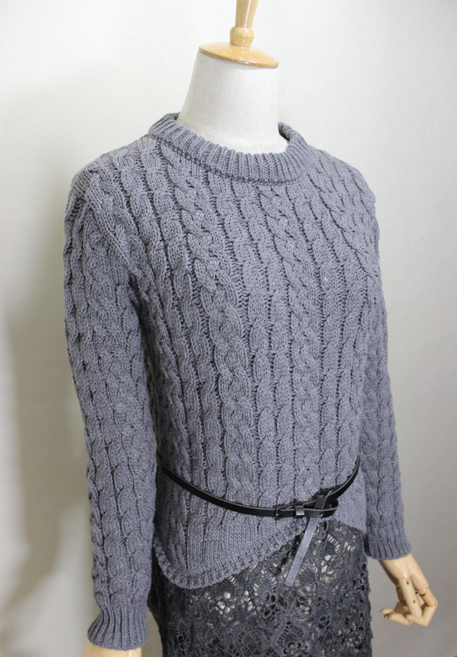 欧美风麻花蕾丝拼接下摆圆领长袖针织衫女冬打底衫毛衣连衣裙图片_25