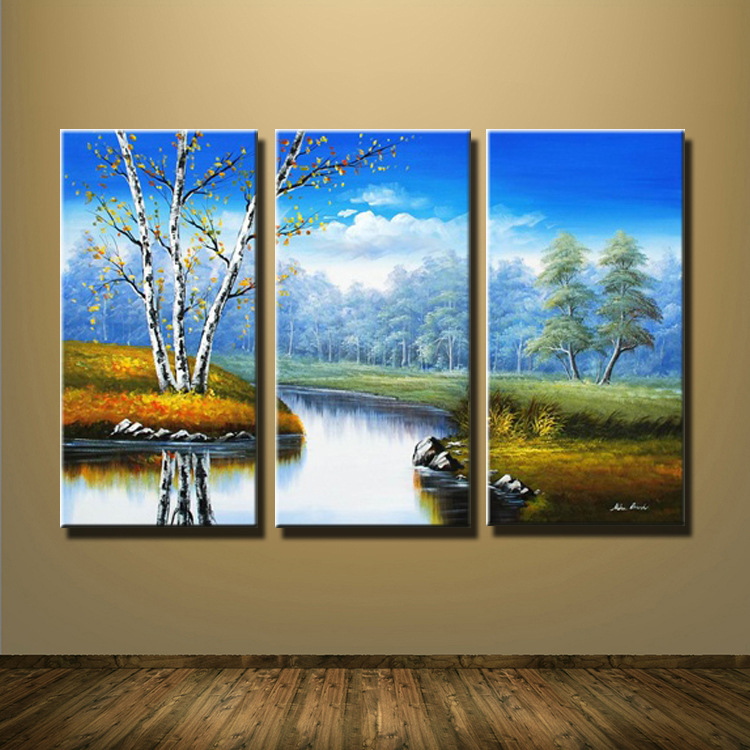 组合风景装饰画 松树三联装饰挂画 客厅手绘油画定制