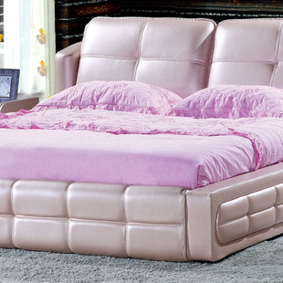 赣州家具 欧式双人皮床婚床 进口头层真皮软床1.8米 公主型粉色