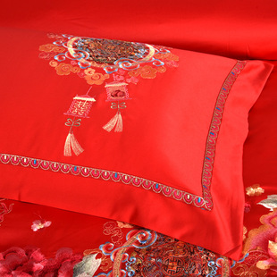 千禧缘-大红 婚庆四件套 大红床上用品 全棉贡缎提花绣花套件